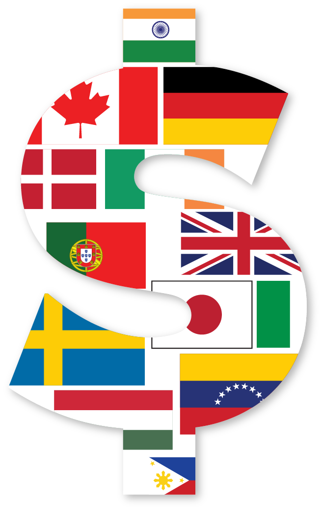 Dollar sign with multinational flags
